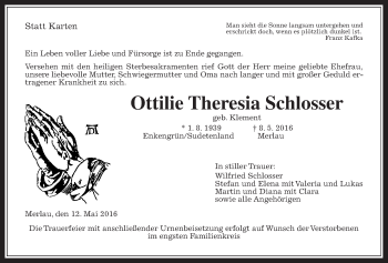 Traueranzeige von Ottilie Theresia Schlosser von Alsfelder Allgemeine, Mücker Stimme