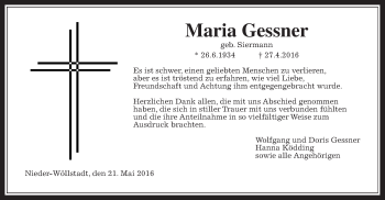 Traueranzeige von Maria Gessner von Wetterauer Zeitung, Wetterauer Zeitung