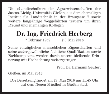 Traueranzeige von Friedrich Herberg von Gießener Allgemeine, Alsfelder Allgemeine