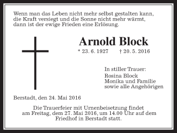 Traueranzeige von Arnold Block von Wetterauer Zeitung, Wetterauer Zeitung