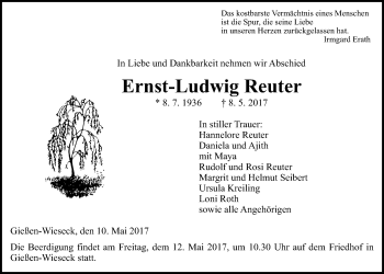 Traueranzeige von Ernst-Ludwig Reuter von Giessener Allgemeine, Alsfelder Allgemeine
