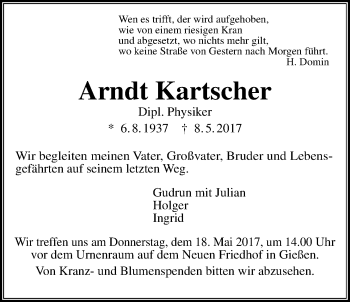 Traueranzeige von Arndt Kartscher von Giessener Allgemeine, Alsfelder Allgemeine