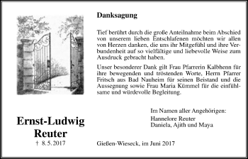 Traueranzeige von Ernst-Ludwig Reuter von Giessener Allgemeine, Alsfelder Allgemeine