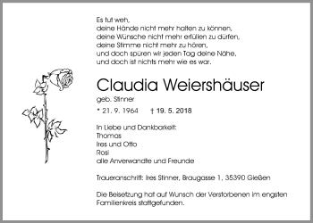 Traueranzeige von Claudia Weiershäuser von Giessener Allgemeine, Alsfelder Allgemeine