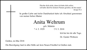 Traueranzeige von anita Wehrum von Giessener Allgemeine, Alsfelder Allgemeine