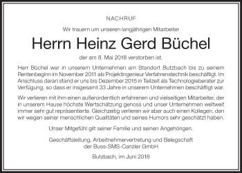 Traueranzeige von Heinz Gerd Büchel von Wetterauer Zeitung, Wetterauer Zeitung
