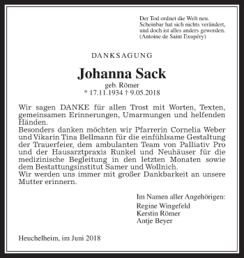 Traueranzeige von Johanna Sack von Giessener Allgemeine, Alsfelder Allgemeine