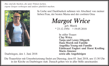 Traueranzeige von Margot Wrice von Giessener Allgemeine, Alsfelder Allgemeine