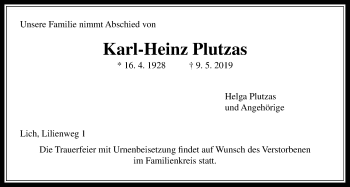 Traueranzeige von Karl-Heinz Plutzas von Licher Wochenblatt