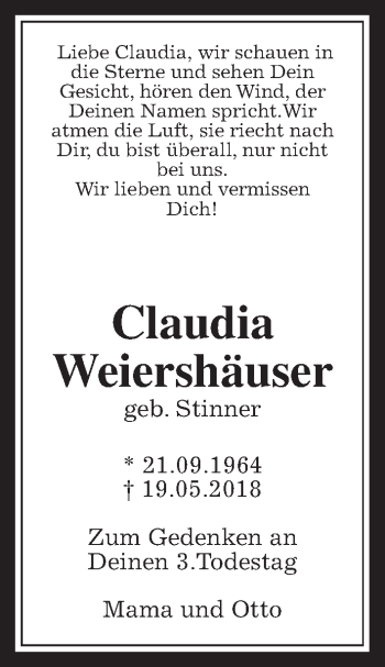 Traueranzeige von Claudia Weiershäuser von Wetterauer Zeitung, Giessener Allgemeine, Alsfelder Allgemeine