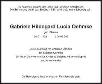 Traueranzeige von Gabriele Hildegard Lucia Oehmke von Giessener Allgemeine, Alsfelder Allgemeine