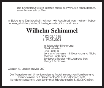 Traueranzeige von Wilhelm Schimmel von Giessener Allgemeine, Alsfelder Allgemeine