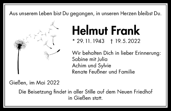 Traueranzeige von Helmut Frank von Giessener Allgemeine, Alsfelder Allgemeine