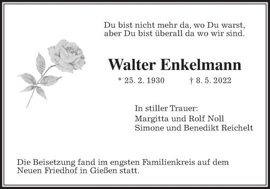 Traueranzeige von Walter Enkelmann von Giessener Allgemeine, Alsfelder Allgemeine