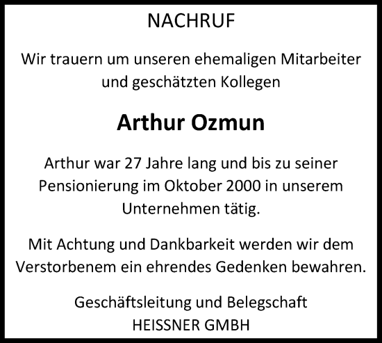 Traueranzeige von Arthur Ozmun von Lauterbacher Anzeiger