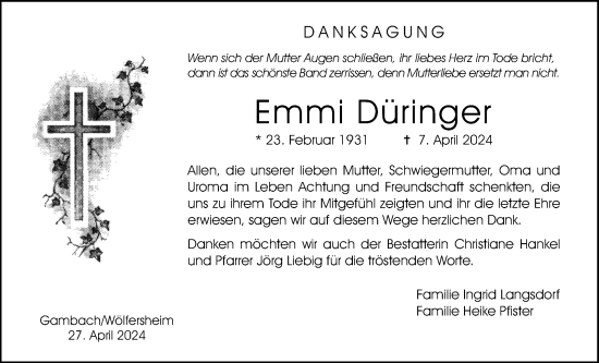 Traueranzeige von Emmi Düringer von Butzbacher Zeitung