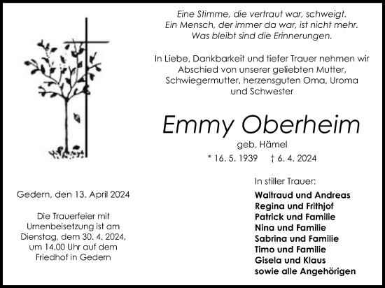 Traueranzeige von Emmy Oberheim von Kreis-Anzeiger