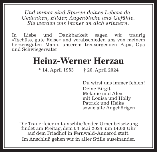 Traueranzeige von Heinz-Werner Herzau von Giessener Allgemeine, Alsfelder Allgemeine, Giessener Anzeiger