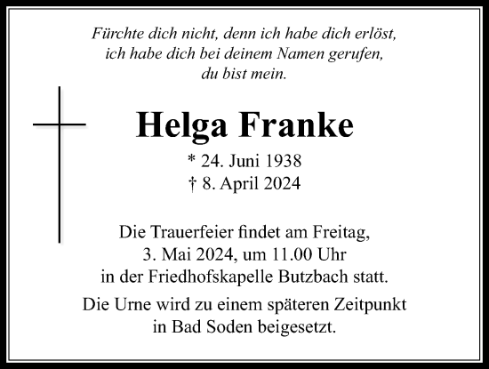 Traueranzeige von Helga Franke von Butzbacher Zeitung