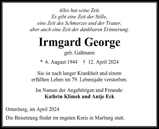 Traueranzeige von Irmgard George von Kreis-Anzeiger