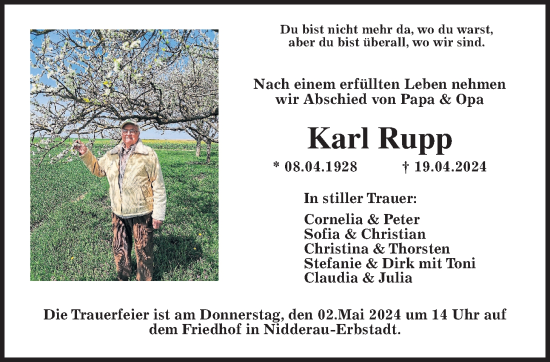 Traueranzeige von Karl Rupp von Wetterauer Zeitung