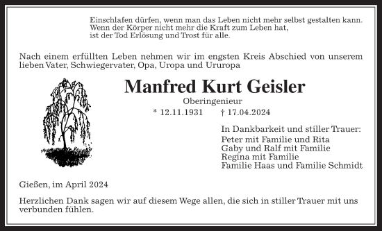 Traueranzeige von Manfred Kurt Geisler von Giessener Allgemeine, Alsfelder Allgemeine, Giessener Anzeiger