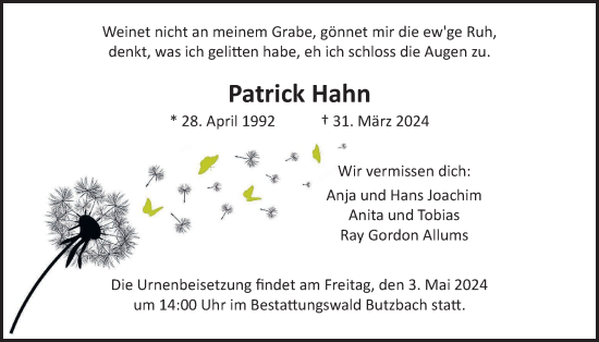 Traueranzeige von Patrick Hahn von Wetterauer Zeitung, Butzbacher Zeitung