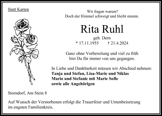 Traueranzeige von Rita Ruhl von Oberhessische Zeitung