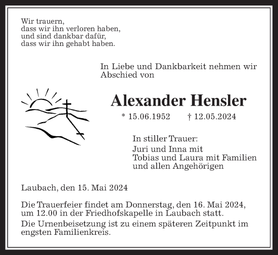 Traueranzeige von Alexander Hensler von Laubacher Anzeiger