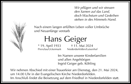 Traueranzeige von Hans Geiger von Bad Vilbel/Karben