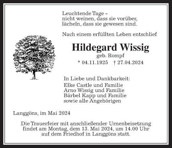 Traueranzeige von Hildegard Wissig von Giessener Allgemeine, Alsfelder Allgemeine, Giessener Anzeiger