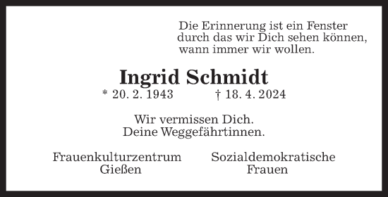 Traueranzeige von Ingrid Schmidt von Giessener Allgemeine, Alsfelder Allgemeine, Giessener Anzeiger