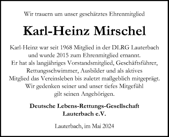 Traueranzeige von Karl-Heinz Mirschel von Lauterbacher Anzeiger