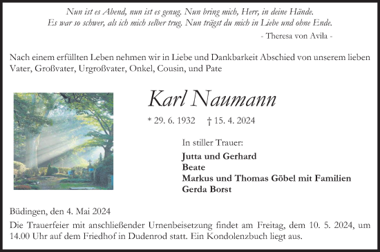 Traueranzeige von Karl Naumann von Kreis-Anzeiger