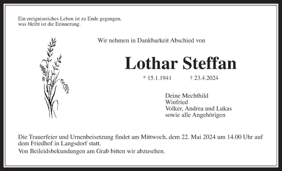 Traueranzeige von Lothar Steffan von Licher Wochenblatt