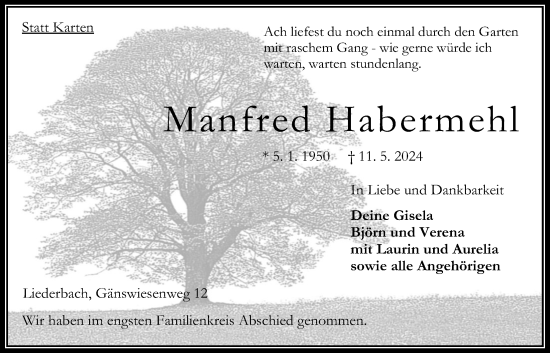 Traueranzeige von Manfred Habermehl von Oberhessische Zeitung