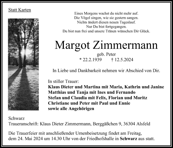Traueranzeige von Margot Zimmermann von Oberhessische Zeitung