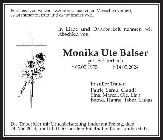 Traueranzeige von Monika Ute Balser von Giessener Allgemeine, Alsfelder Allgemeine