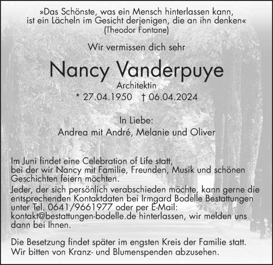 Traueranzeige von Nancy Vanderpuye von Giessener Allgemeine, Alsfelder Allgemeine