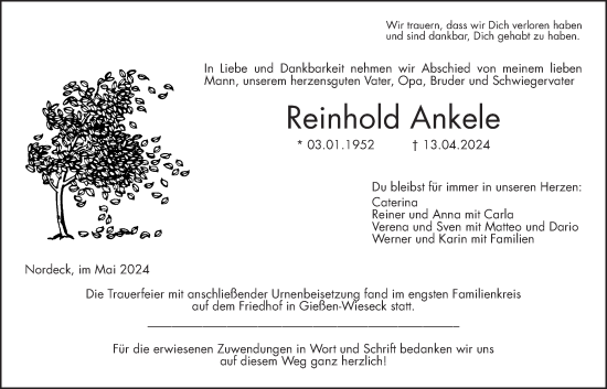 Traueranzeige von Reinhold Ankele von Allendorfer Mitteilungen