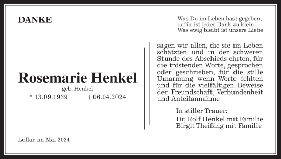 Traueranzeige von Rosemarie Henkel von Wetterauer Zeitung, Giessener Allgemeine, Alsfelder Allgemeine