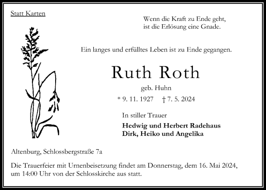 Traueranzeige von Ruth Roth von Oberhessische Zeitung