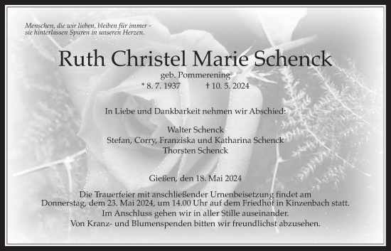 Traueranzeige von Ruth Christel Marie Schenck von Giessener Allgemeine, Alsfelder Allgemeine, Giessener Anzeiger