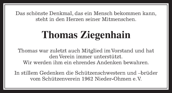 Traueranzeige von Thomas Ziegenhain von Giessener Allgemeine, Alsfelder Allgemeine