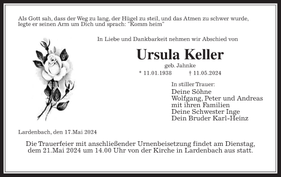 Traueranzeige von Ursula Keller von Giessener Allgemeine, Alsfelder Allgemeine
