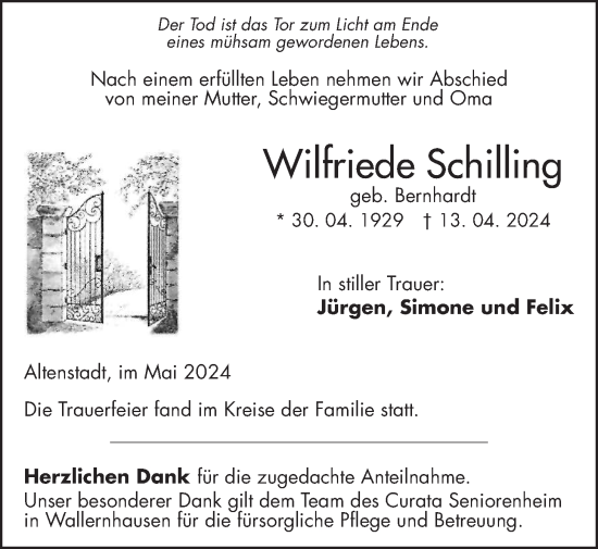 Traueranzeige von Wilfriede Schilling von Kreis-Anzeiger