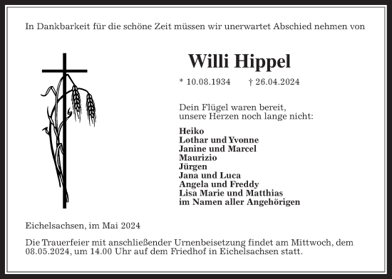 Traueranzeige von Willi Hippel von Kreis-Anzeiger