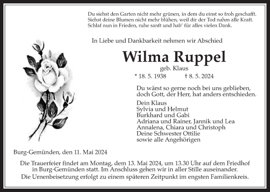 Traueranzeige von Wilma Ruppel von Giessener Allgemeine, Alsfelder Allgemeine