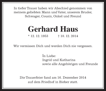 Traueranzeige von Gerhard Haus von Giessener Allgemeine, Alsfelder Allgemeine