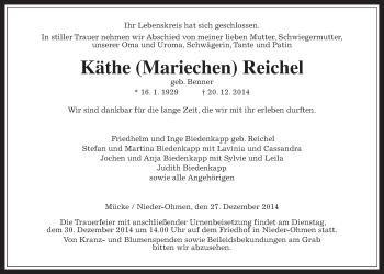 Traueranzeige von Käthe Reichel von Giessener Allgemeine, Alsfelder Allgemeine
